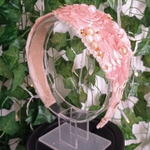 Vintage Pink Headband With Flowers And Pearls